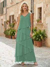 Chiffon A-Line V Neck Tiered Mother of the Bride Dresses