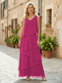 Chiffon A-Line V Neck Tiered Mother of the Bride Dresses