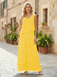Chiffon A-Line V Neck Tiered Mother of the Bride Dresses