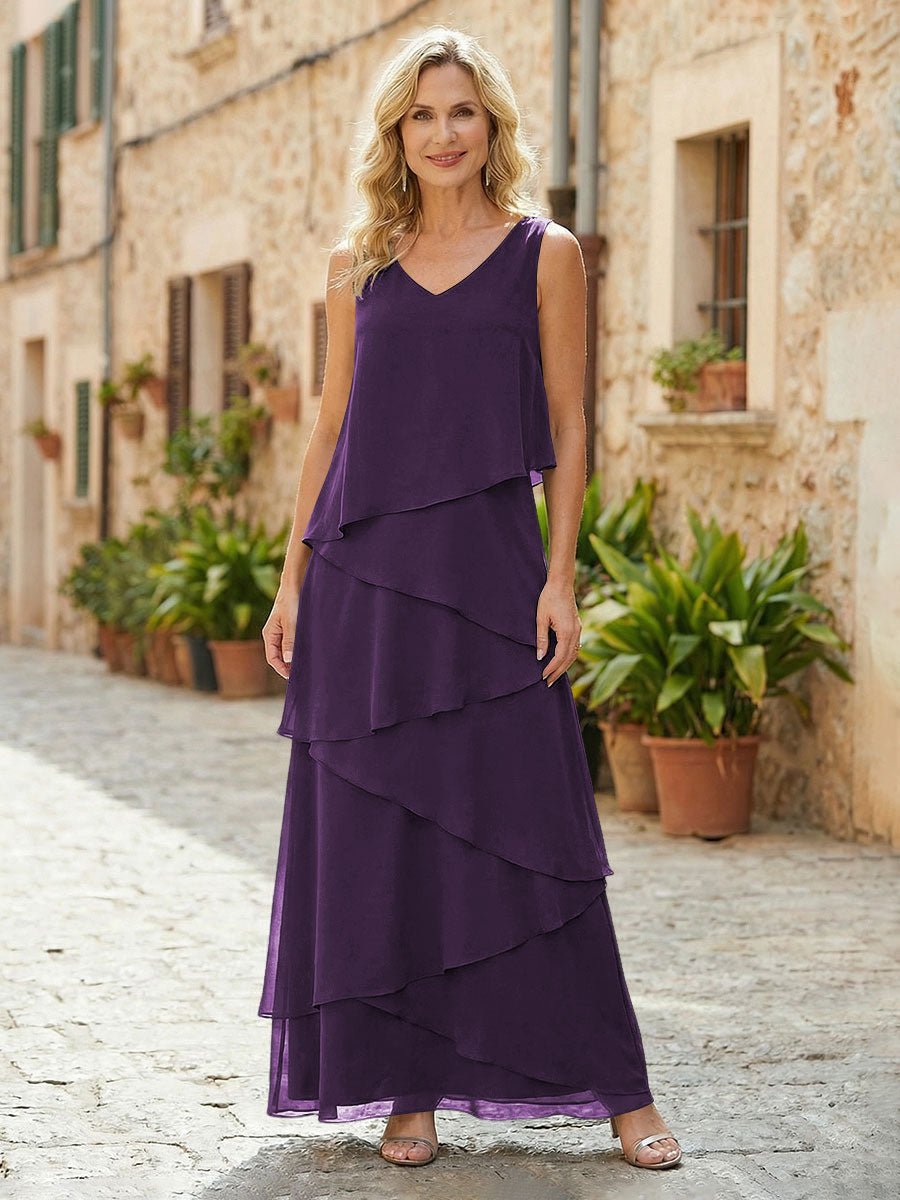 Chiffon A-Line V Neck Tiered Mother of the Bride Dresses