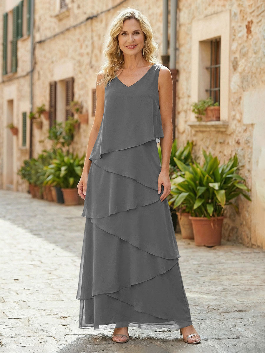 Chiffon A-Line V Neck Tiered Mother of the Bride Dresses