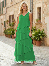 Chiffon A-Line V Neck Tiered Mother of the Bride Dresses