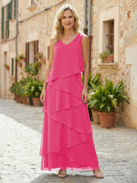 Chiffon A-Line V Neck Tiered Mother of the Bride Dresses