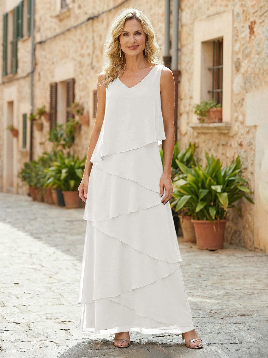 Chiffon A-Line V Neck Tiered Mother of the Bride Dresses