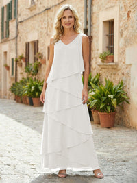 Chiffon A-Line V Neck Tiered Mother of the Bride Dresses