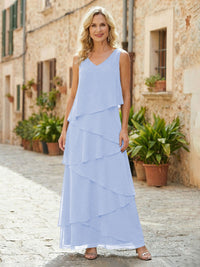 Chiffon A-Line V Neck Tiered Mother of the Bride Dresses