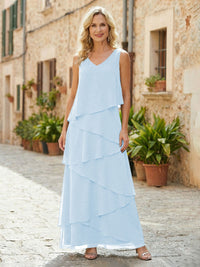 Chiffon A-Line V Neck Tiered Mother of the Bride Dresses
