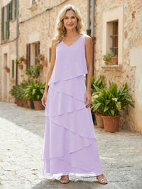 Chiffon A-Line V Neck Tiered Mother of the Bride Dresses