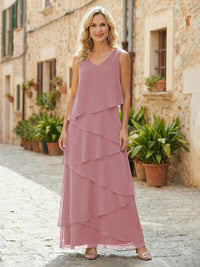 Chiffon A-Line V Neck Tiered Mother of the Bride Dresses