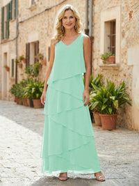 Chiffon A-Line V Neck Tiered Mother of the Bride Dresses