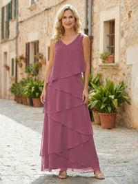Chiffon A-Line V Neck Tiered Mother of the Bride Dresses