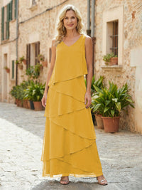 Chiffon A-Line V Neck Tiered Mother of the Bride Dresses
