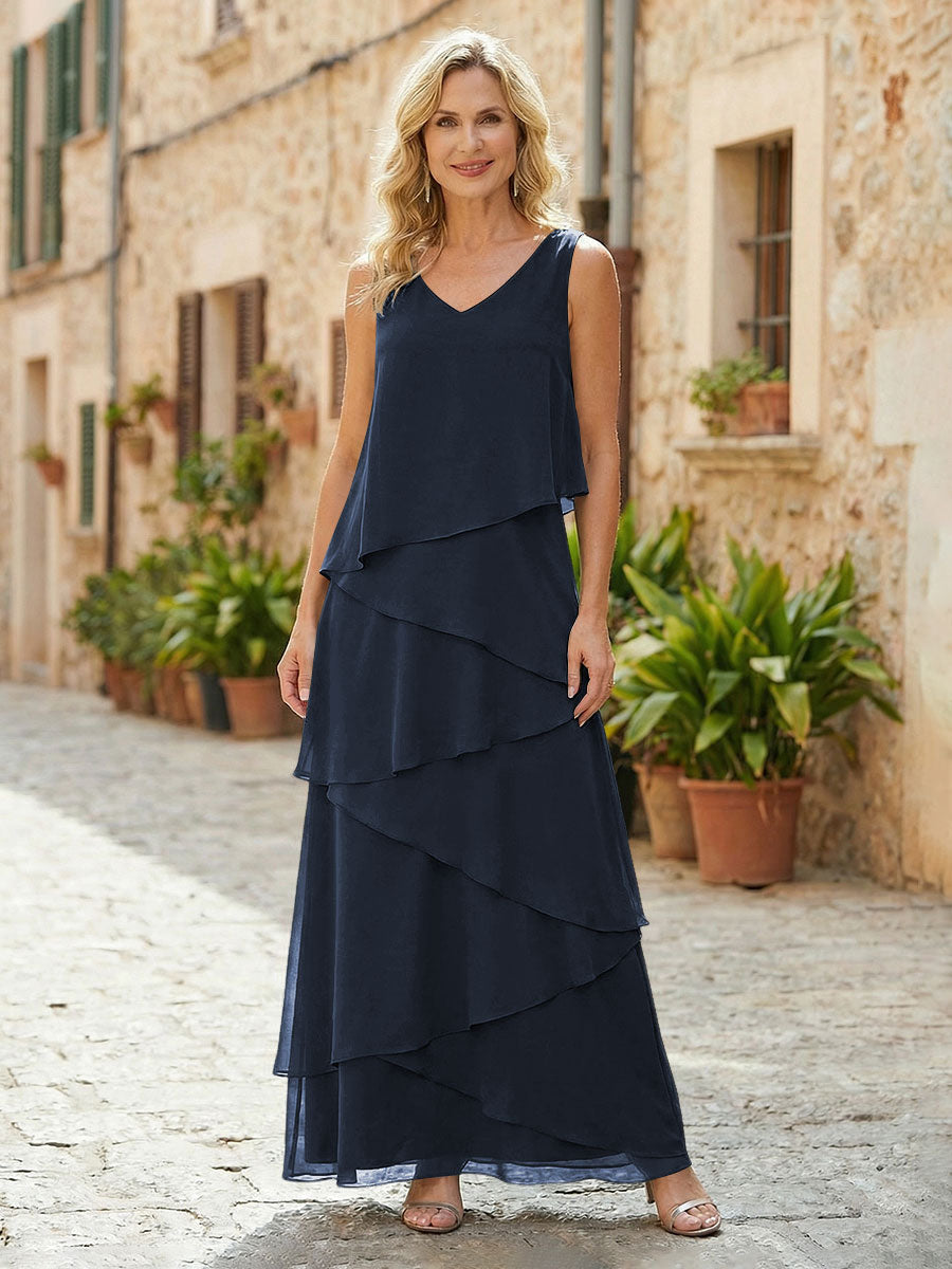 Chiffon A-Line V Neck Tiered Mother of the Bride Dresses