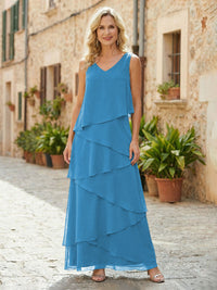 Chiffon A-Line V Neck Tiered Mother of the Bride Dresses
