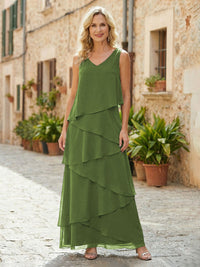 Chiffon A-Line V Neck Tiered Mother of the Bride Dresses