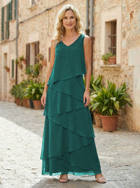 Chiffon A-Line V Neck Tiered Mother of the Bride Dresses