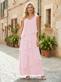 Chiffon A-Line V Neck Tiered Mother of the Bride Dresses