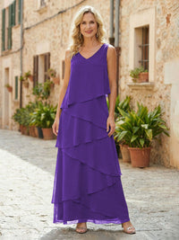 Chiffon A-Line V Neck Tiered Mother of the Bride Dresses