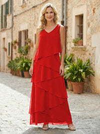 Chiffon A-Line V Neck Tiered Mother of the Bride Dresses