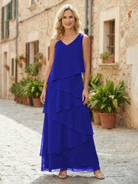 Chiffon A-Line V Neck Tiered Mother of the Bride Dresses