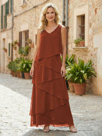 Chiffon A-Line V Neck Tiered Mother of the Bride Dresses