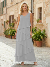 Chiffon A-Line V Neck Tiered Mother of the Bride Dresses