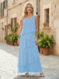 Chiffon A-Line V Neck Tiered Mother of the Bride Dresses
