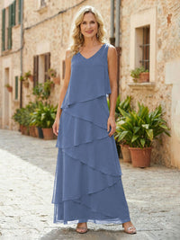 Chiffon A-Line V Neck Tiered Mother of the Bride Dresses