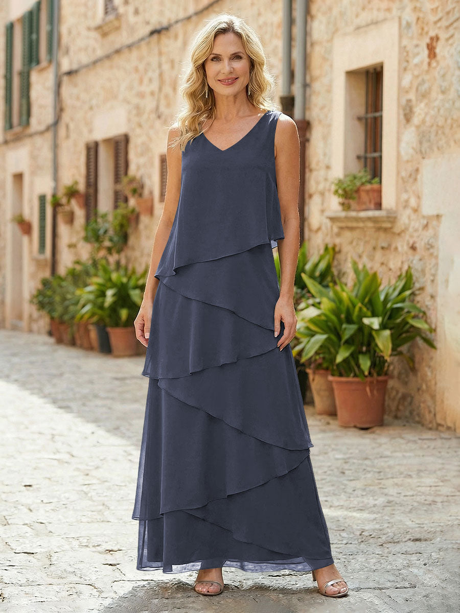 Chiffon A-Line V Neck Tiered Mother of the Bride Dresses