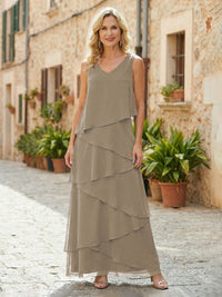 Chiffon A-Line V Neck Tiered Mother of the Bride Dresses