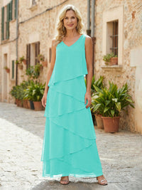 Chiffon A-Line V Neck Tiered Mother of the Bride Dresses
