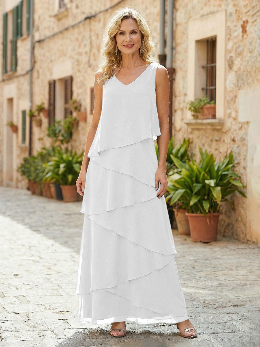 Chiffon A-Line V Neck Tiered Mother of the Bride Dresses