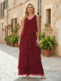 Chiffon A-Line V Neck Tiered Mother of the Bride Dresses