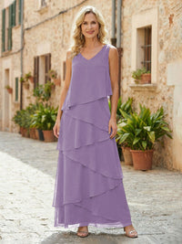 Chiffon A-Line V Neck Tiered Mother of the Bride Dresses