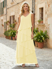 Chiffon A-Line V Neck Tiered Mother of the Bride Dresses