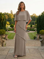Chiffon Sheath Crew Neck Tiered Mother of the Bride Dresses with Caps