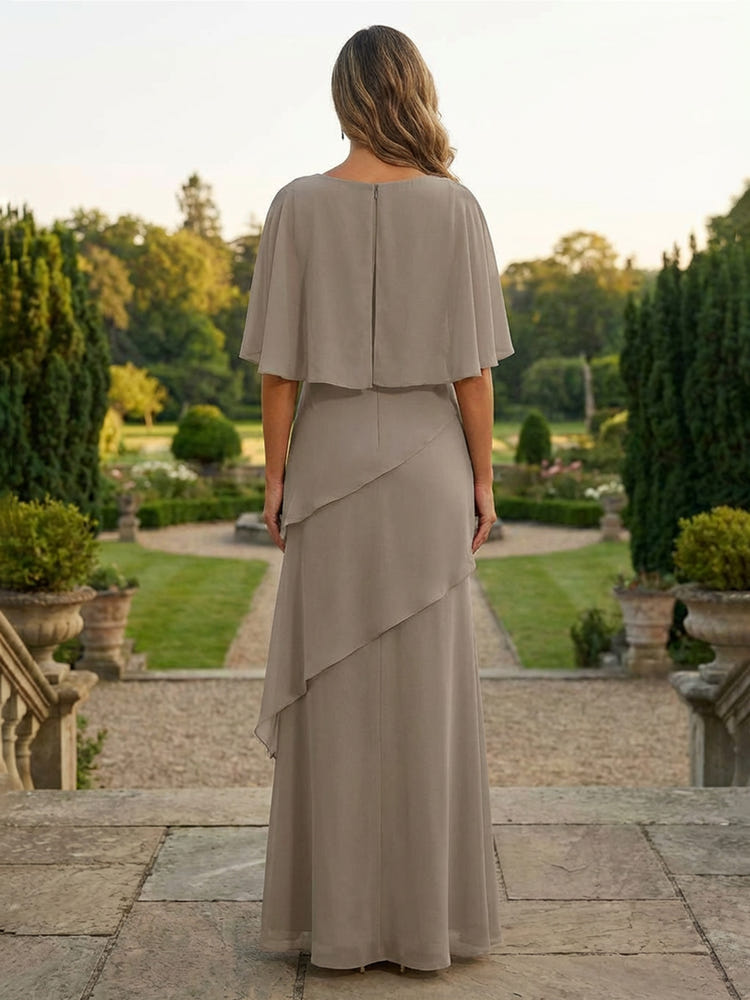 Chiffon Sheath Crew Neck Tiered Mother of the Bride Dresses with Caps