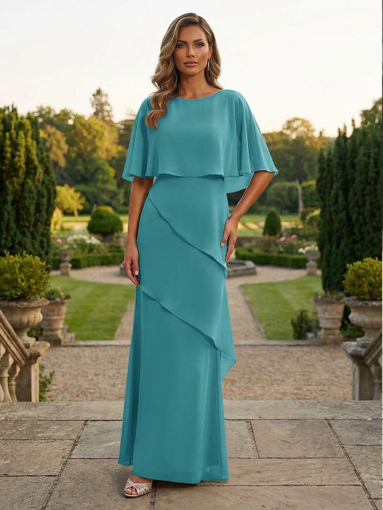 Chiffon Sheath Crew Neck Tiered Mother of the Bride Dresses with Caps