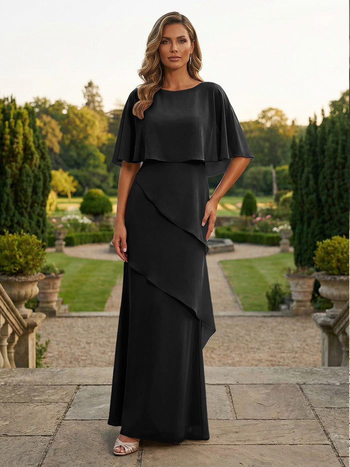 Chiffon Sheath Crew Neck Tiered Mother of the Bride Dresses with Caps