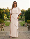 Chiffon Sheath Crew Neck Tiered Mother of the Bride Dresses with Caps