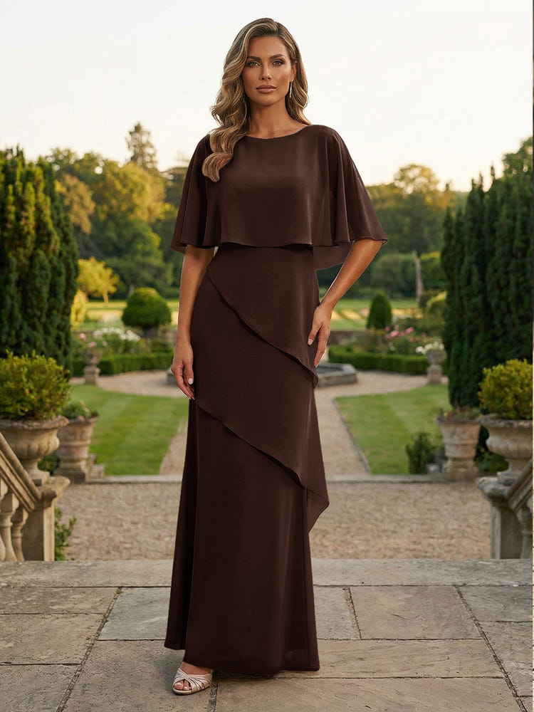 Chiffon Sheath Crew Neck Tiered Mother of the Bride Dresses with Caps