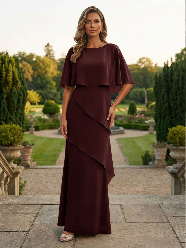 Chiffon Sheath Crew Neck Tiered Mother of the Bride Dresses with Caps