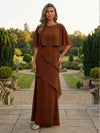 Chiffon Sheath Crew Neck Tiered Mother of the Bride Dresses with Caps