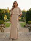 Chiffon Sheath Crew Neck Tiered Mother of the Bride Dresses with Caps