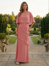 Chiffon Sheath Crew Neck Tiered Mother of the Bride Dresses with Caps