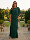Chiffon Sheath Crew Neck Tiered Mother of the Bride Dresses with Caps