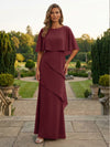 Chiffon Sheath Crew Neck Tiered Mother of the Bride Dresses with Caps