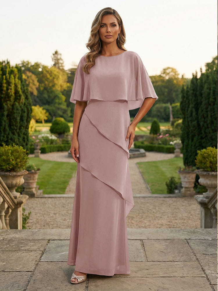 Chiffon Sheath Crew Neck Tiered Mother of the Bride Dresses with Caps
