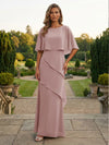 Chiffon Sheath Crew Neck Tiered Mother of the Bride Dresses with Caps