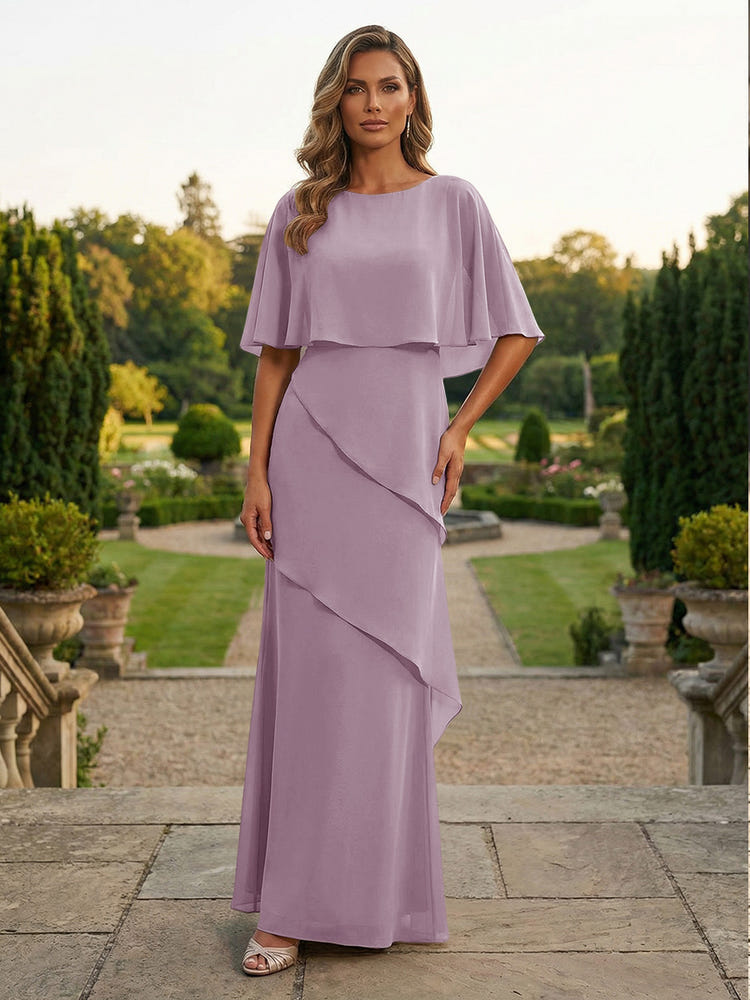 Chiffon Sheath Crew Neck Tiered Mother of the Bride Dresses with Caps
